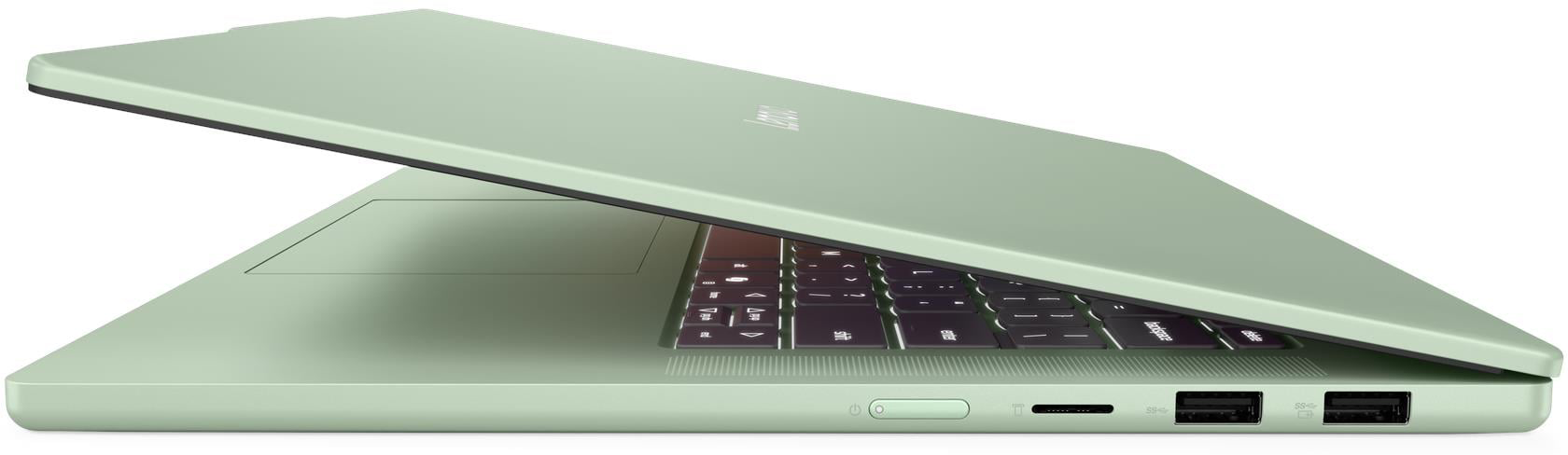 Világoszöld laptop nyitott fedéllel, billentyűzetet és portokat mutatva.