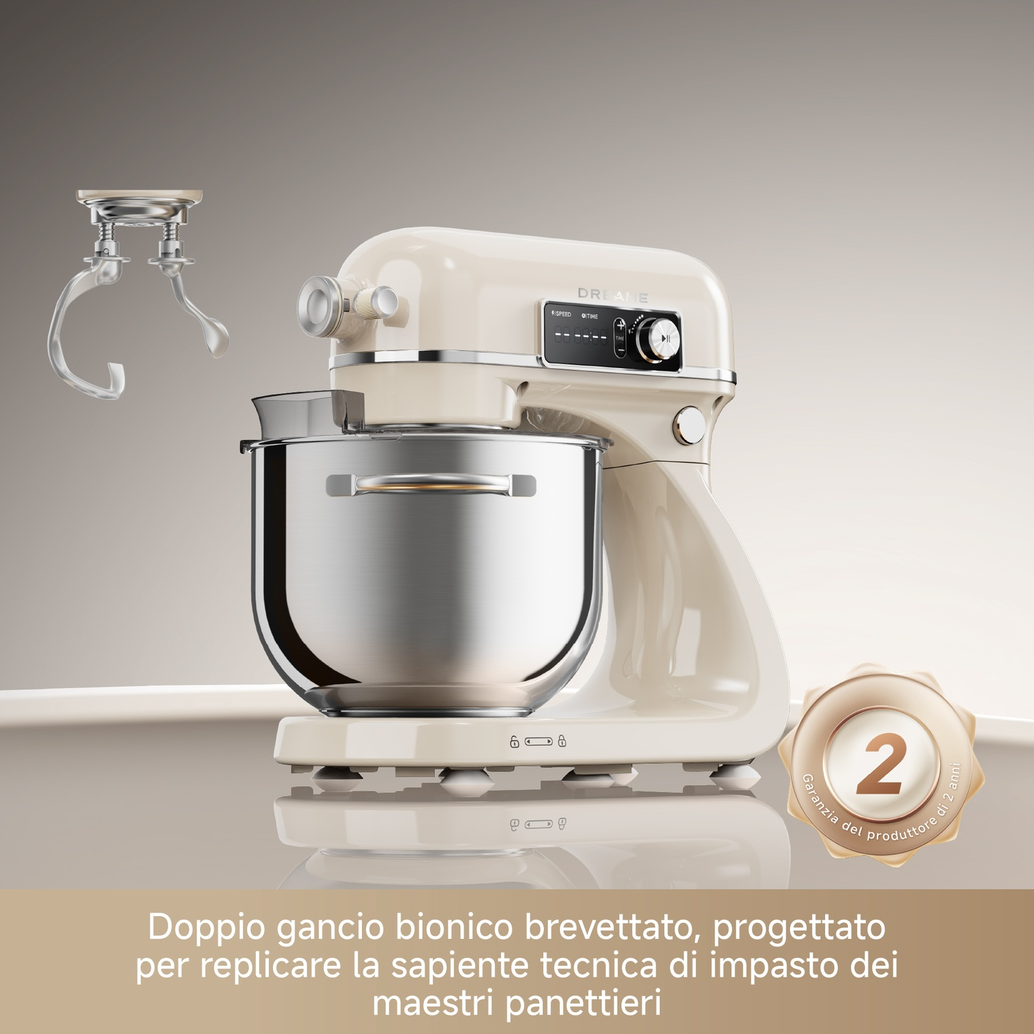 Una planetaria color crema con accessorio a doppio gancio e sigillo di garanzia di 2 anni.