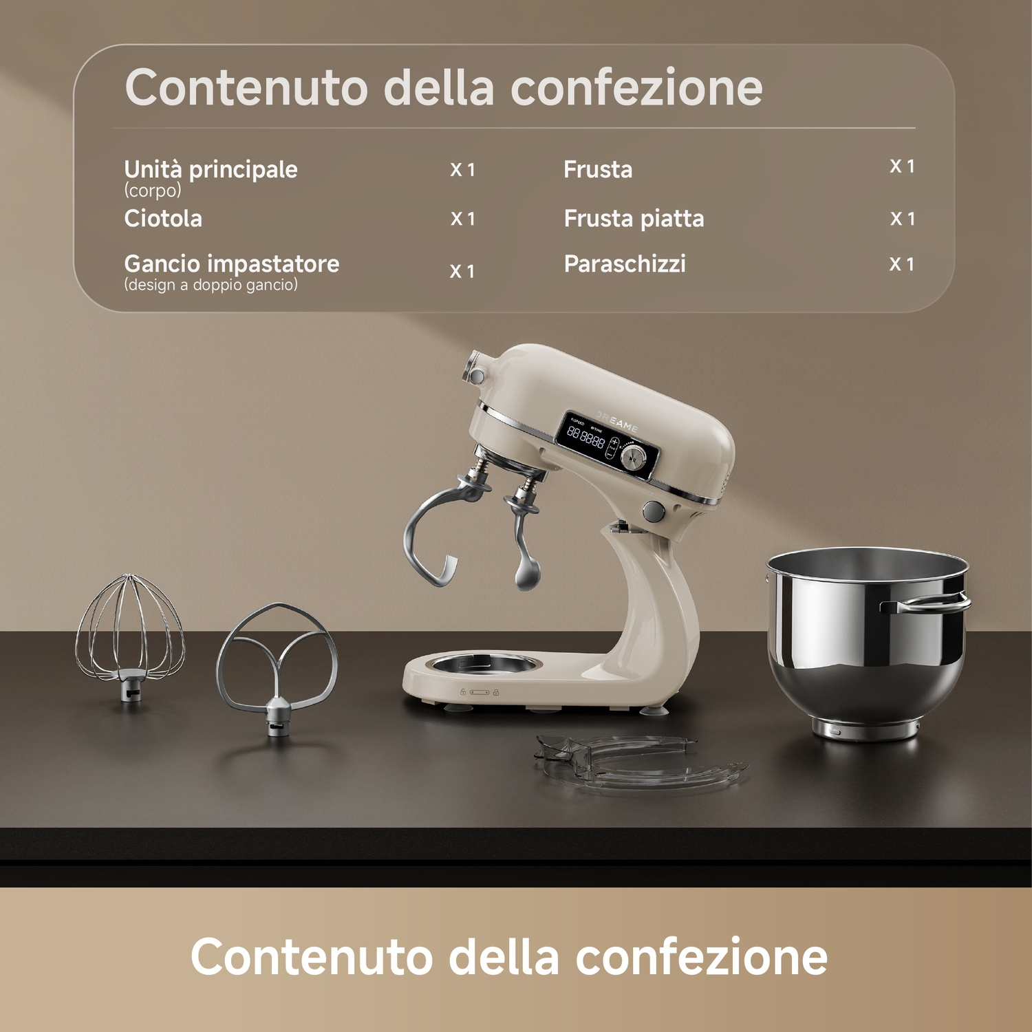 Un impastatore color crema con accessori: ciotola, frusta, gancio.