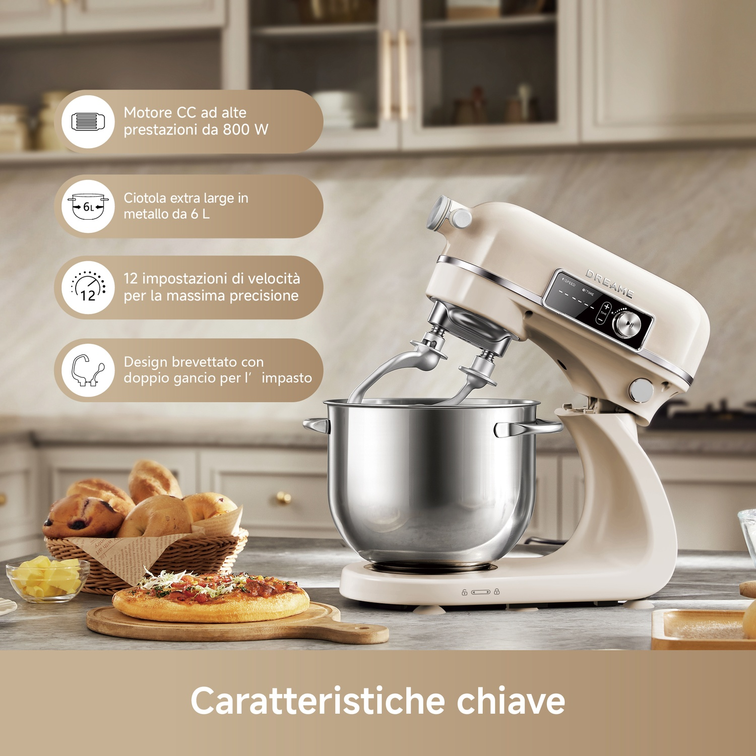 Impastatrice beige con motore 800W, ciotola 6L, 12 velocità. Prodotti da forno in primo piano.