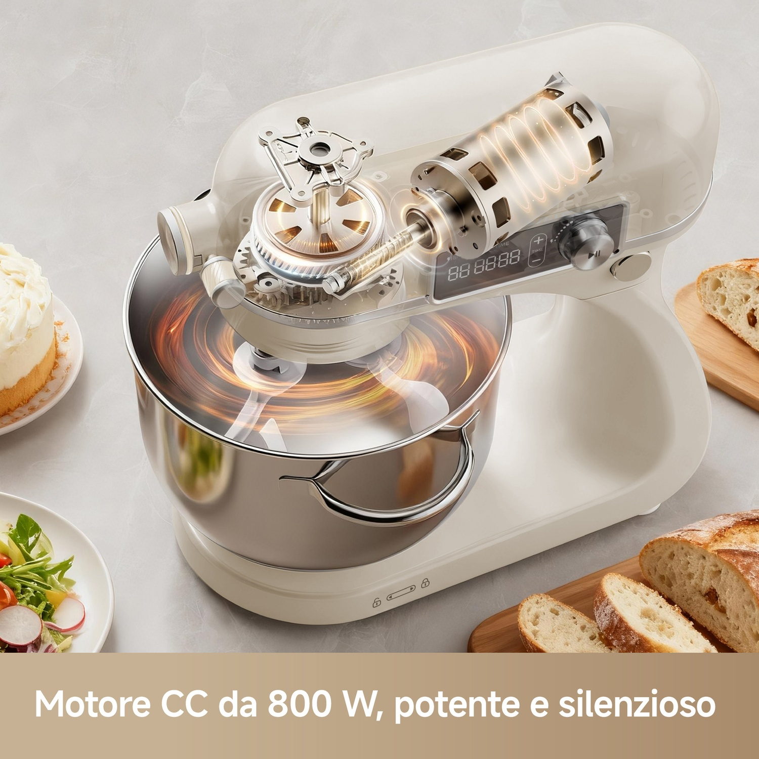 Impastatrice color crema con ingranaggi e motore a vista, vicino a pane e insalata.