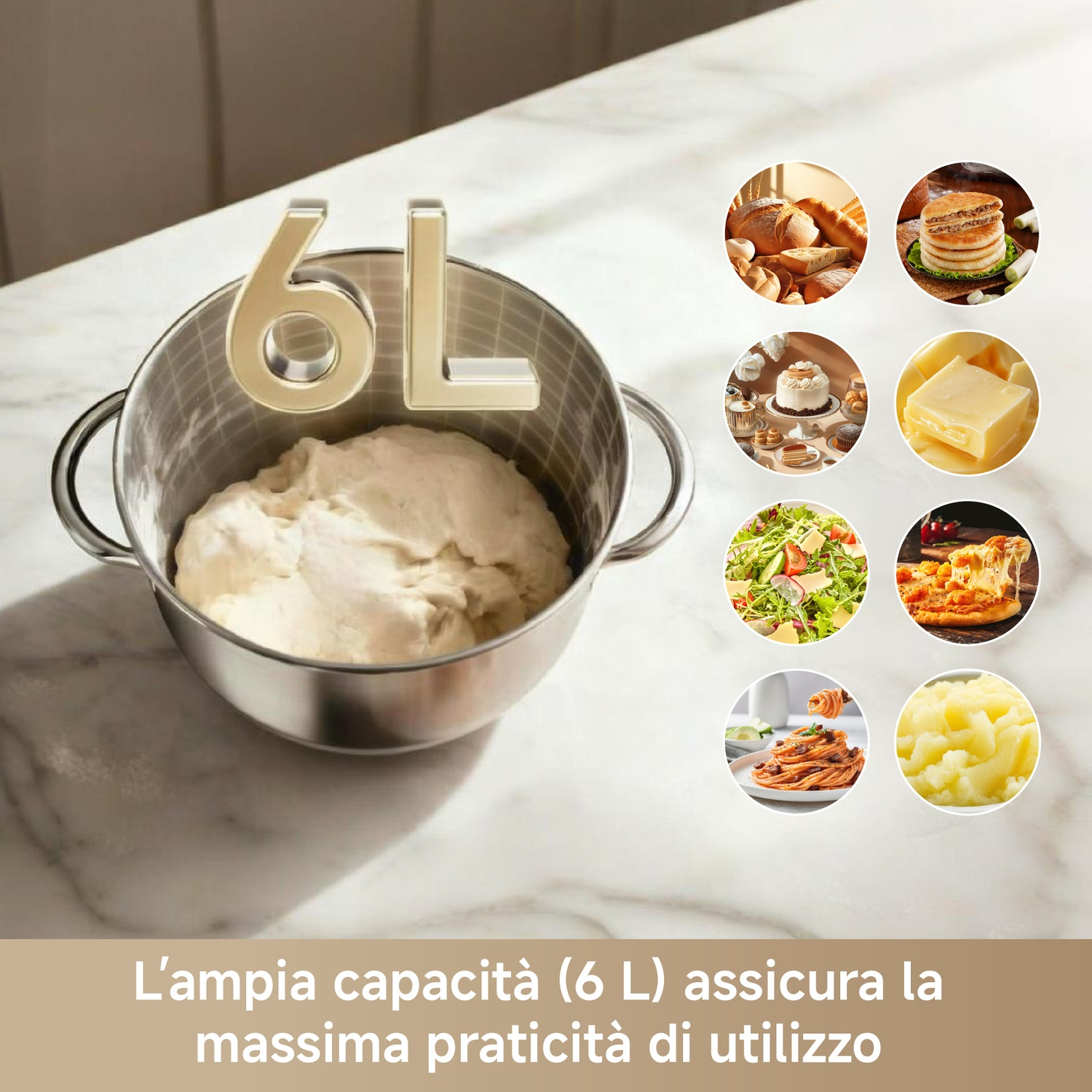 Ciotola da 6L con impasto e 7 piccole immagini di cibo.