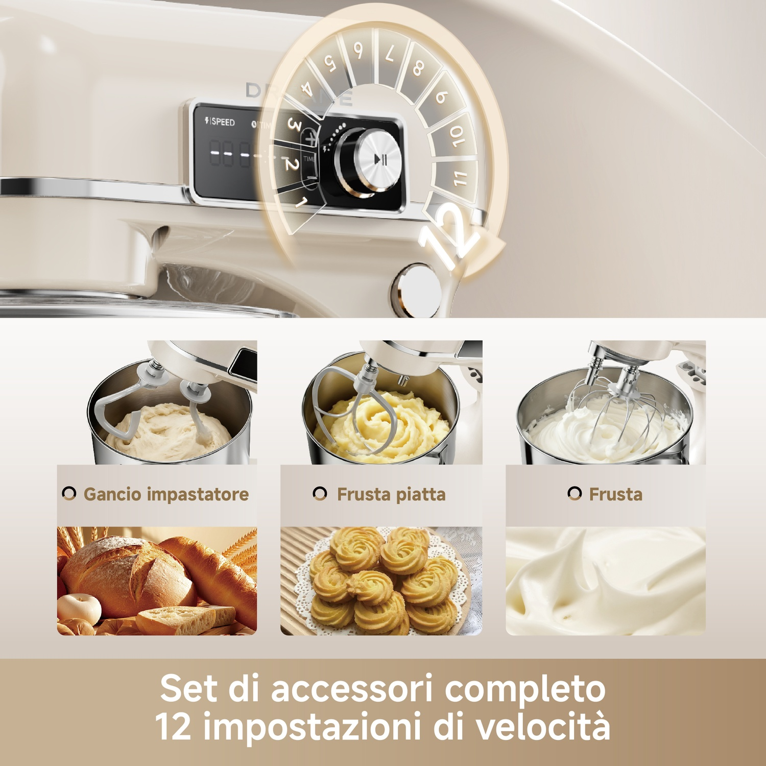 Impastatrice con 12 velocità, accessori per impasto, purè e panna montata.