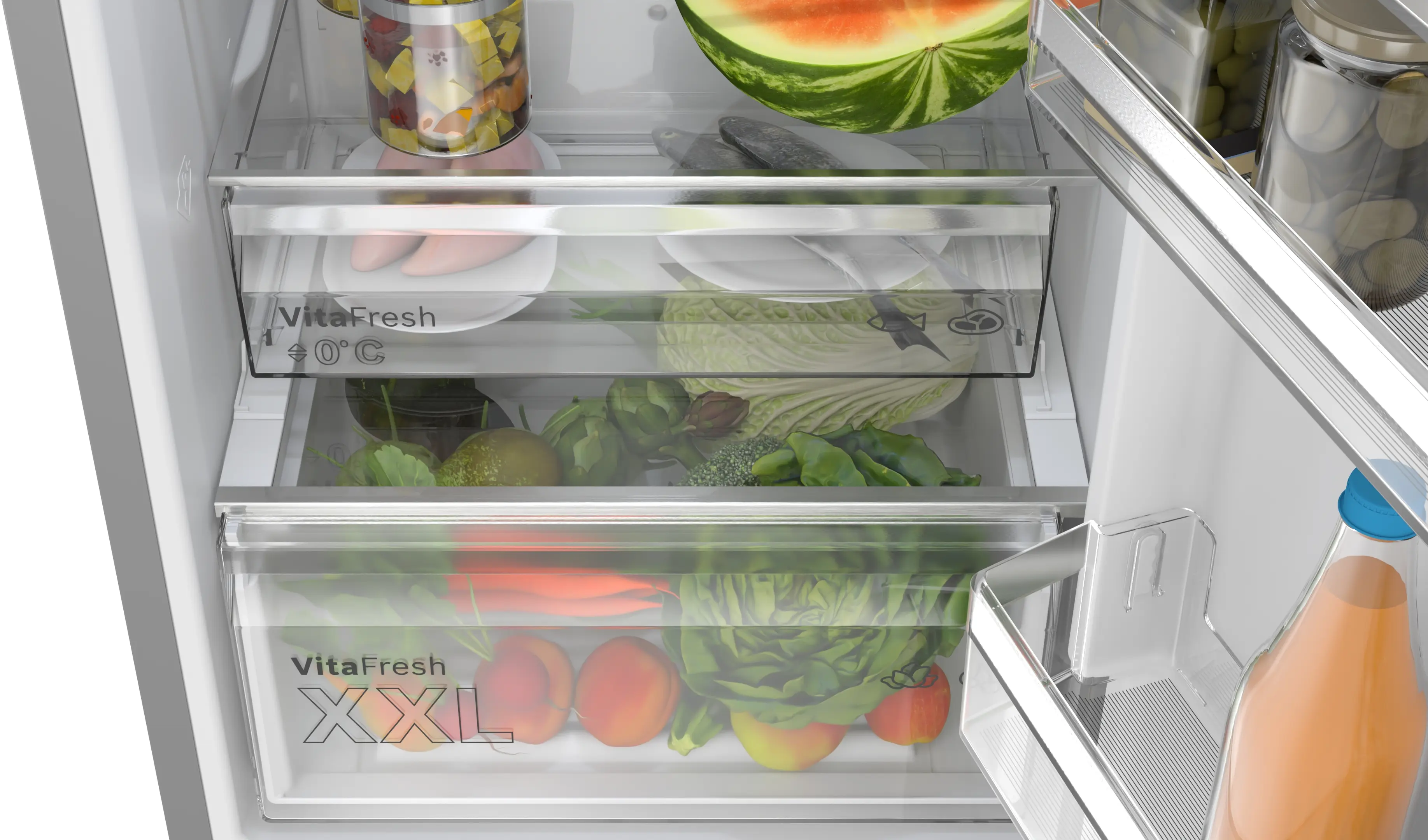 Un refrigerador abierto con verduras y frutas en los cajones.