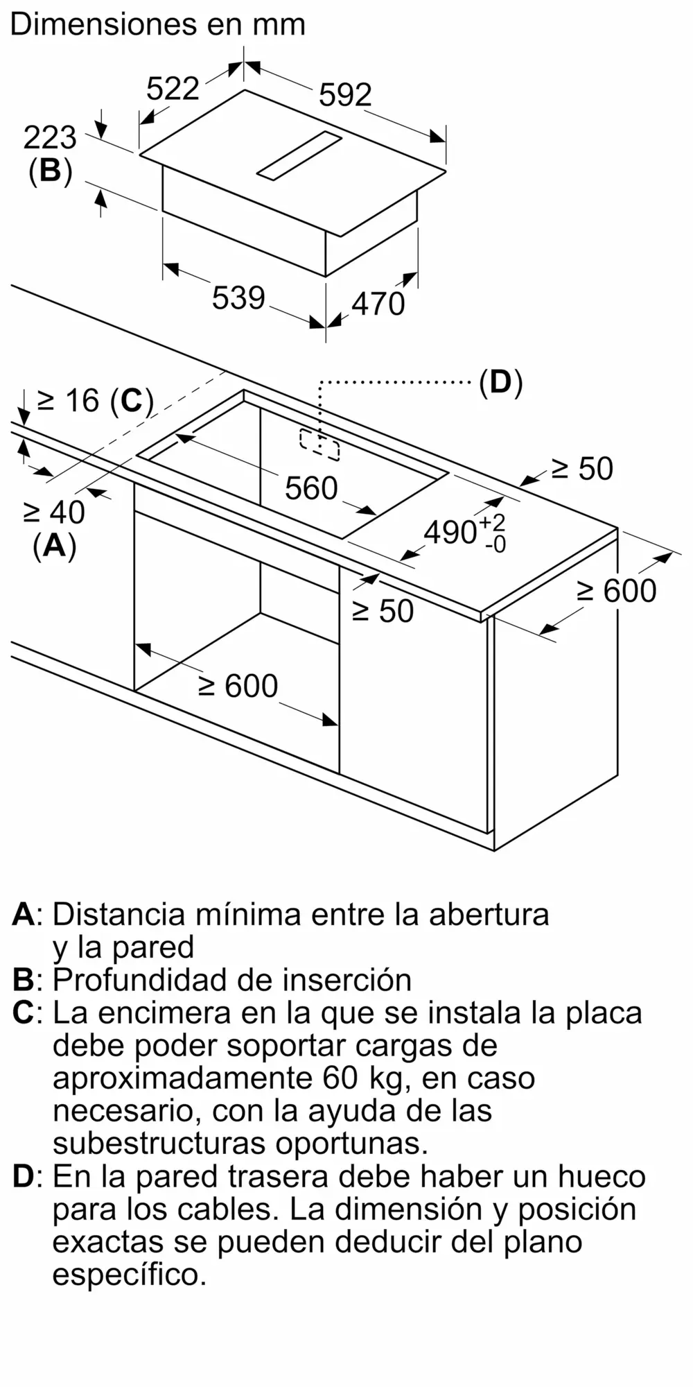 Dibujo técnico con dimensiones para instalación de placa.