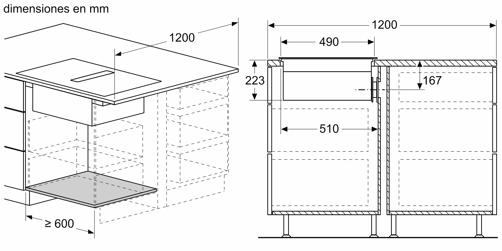 Dibujo técnico de dimensiones de mueble de cocina. Izquierda: fregadero bajo encimera. Derecha: vista frontal.