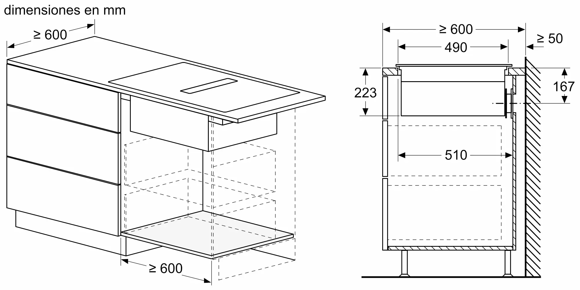 Dibujo técnico de un mueble de cocina con dimensiones.