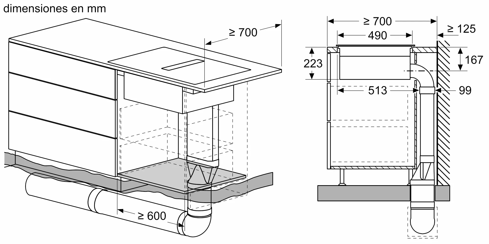 Dibujo técnico de una campana extractora con dimensiones en mm.