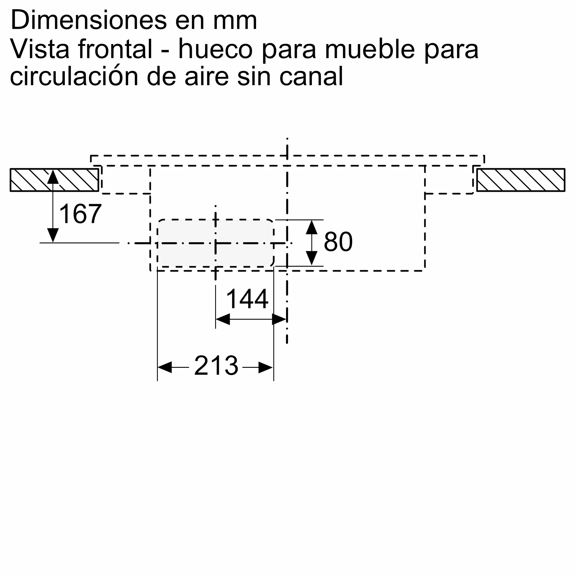 Dibujo técnico con medidas de conducto de aire para mueble.