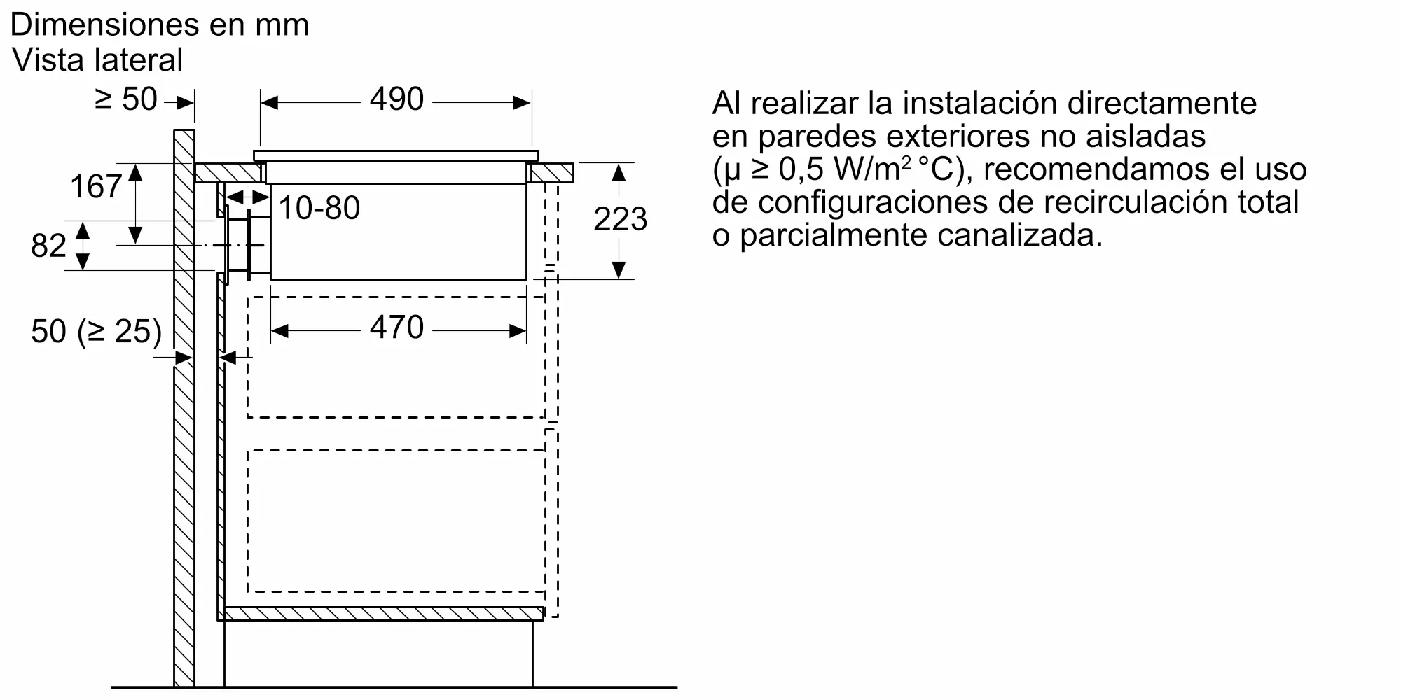 Dibujo técnico con dimensiones y notas de instalación para electrodomésticos.