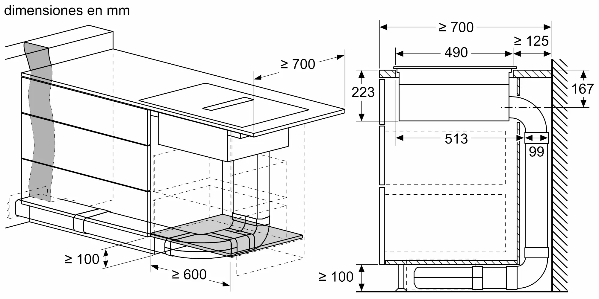Dibujo técnico de una campana extractora con dimensiones en mm.