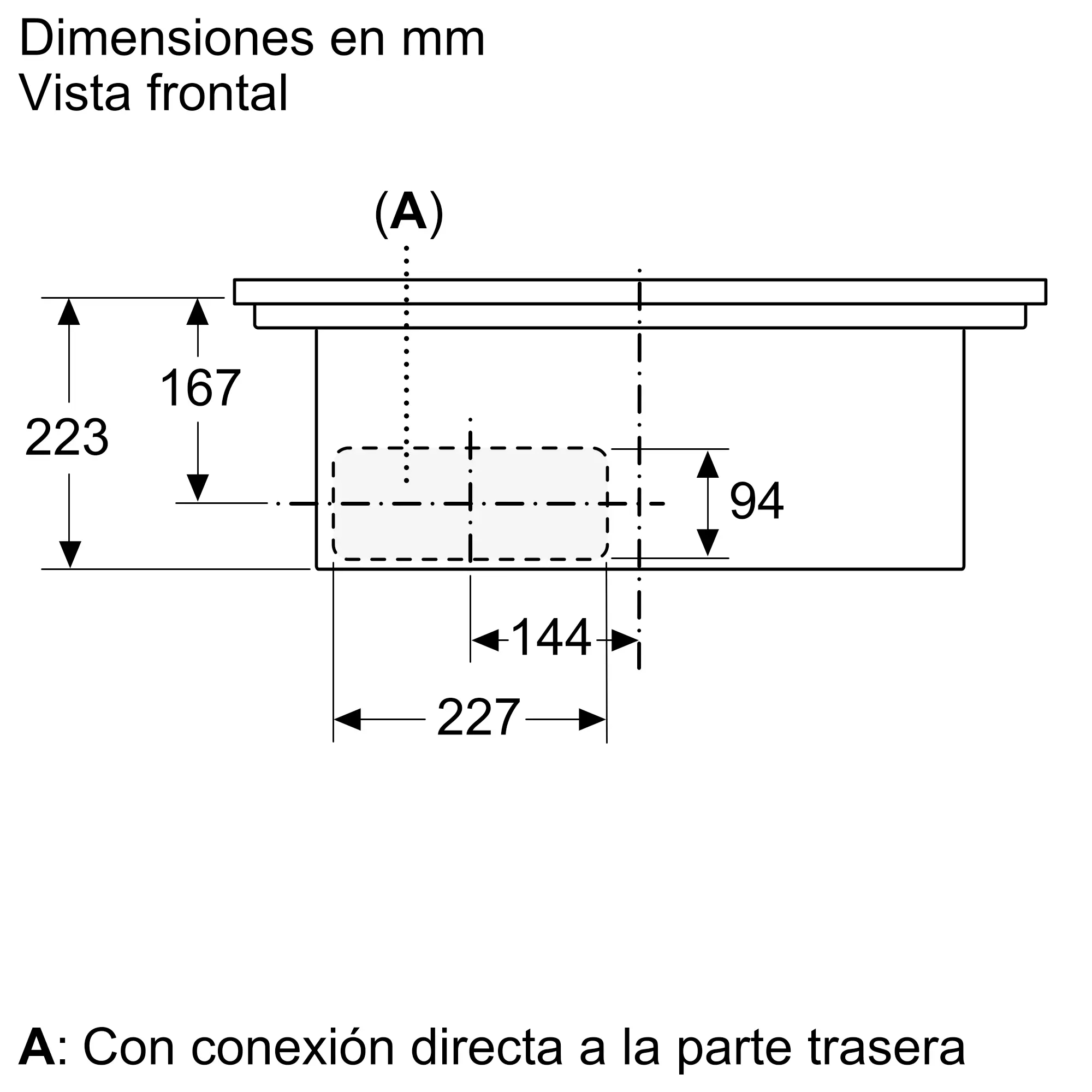 Dibujo técnico con dimensiones: 223mm alto, 167mm fondo. Vista (A).