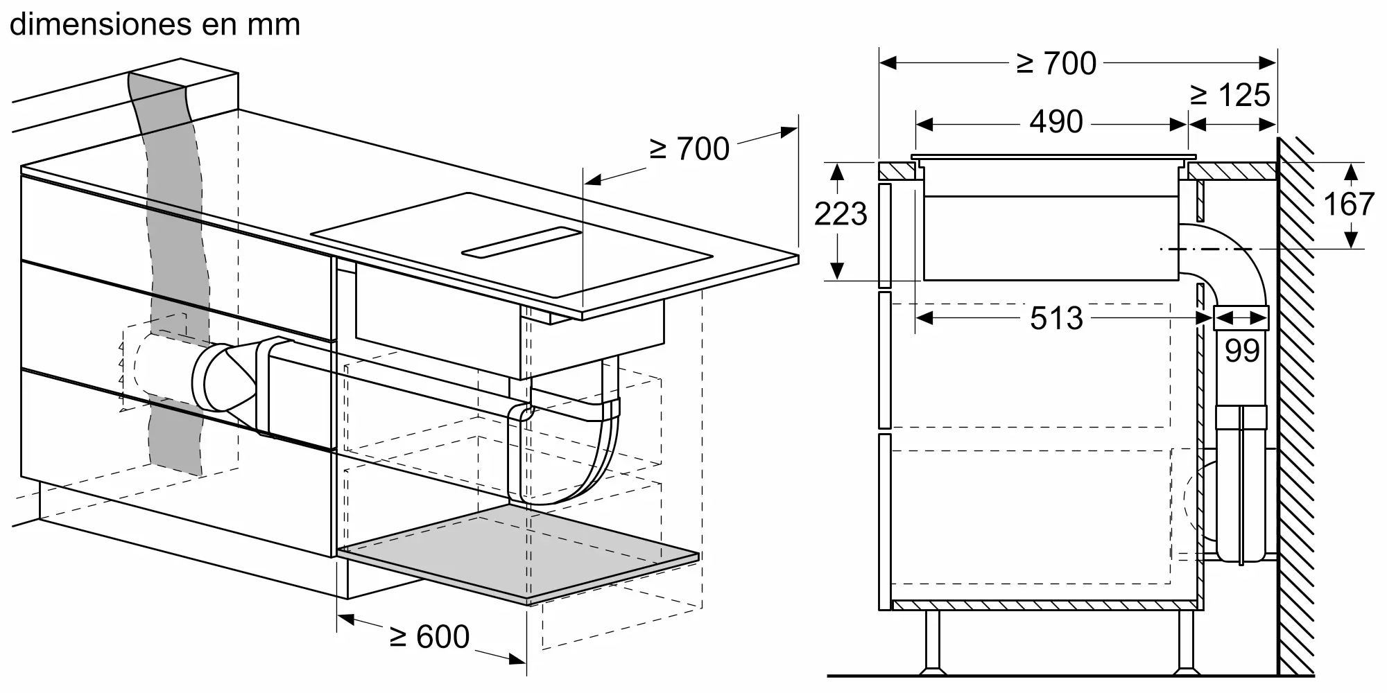 Dibujo técnico de una instalación de campana extractora con dimensiones.