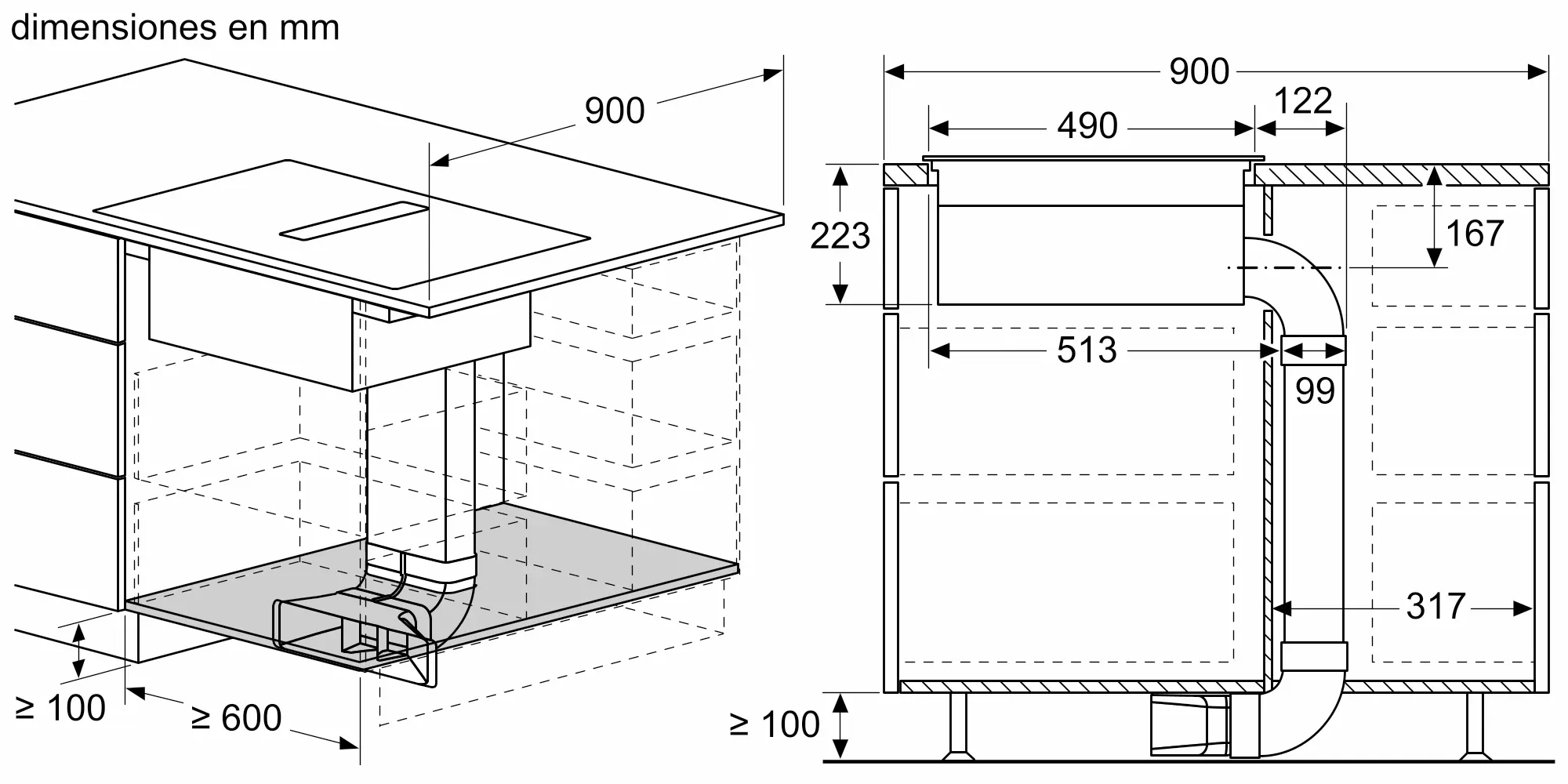 Dibujo técnico de instalación de campana extractora con medidas en mm.