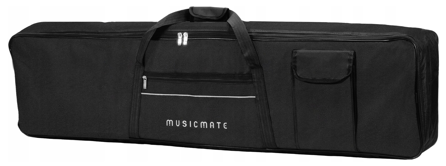 Czarna, prostokątna torba z zamkami i uchwytami. Logo 'MUSICMATE'.