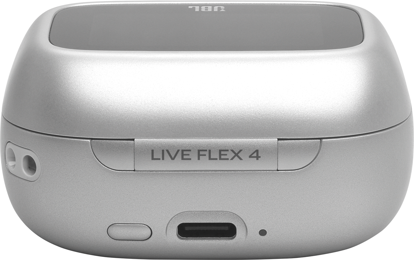 Silbernes Ladeetui für JBL Live Flex 4 mit USB-C-Anschluss.