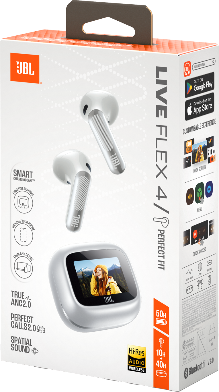 JBL Live Flex 4/P Kopfhörer-Verpackung mit Kopfhörern und Ladecase. Weiß.
