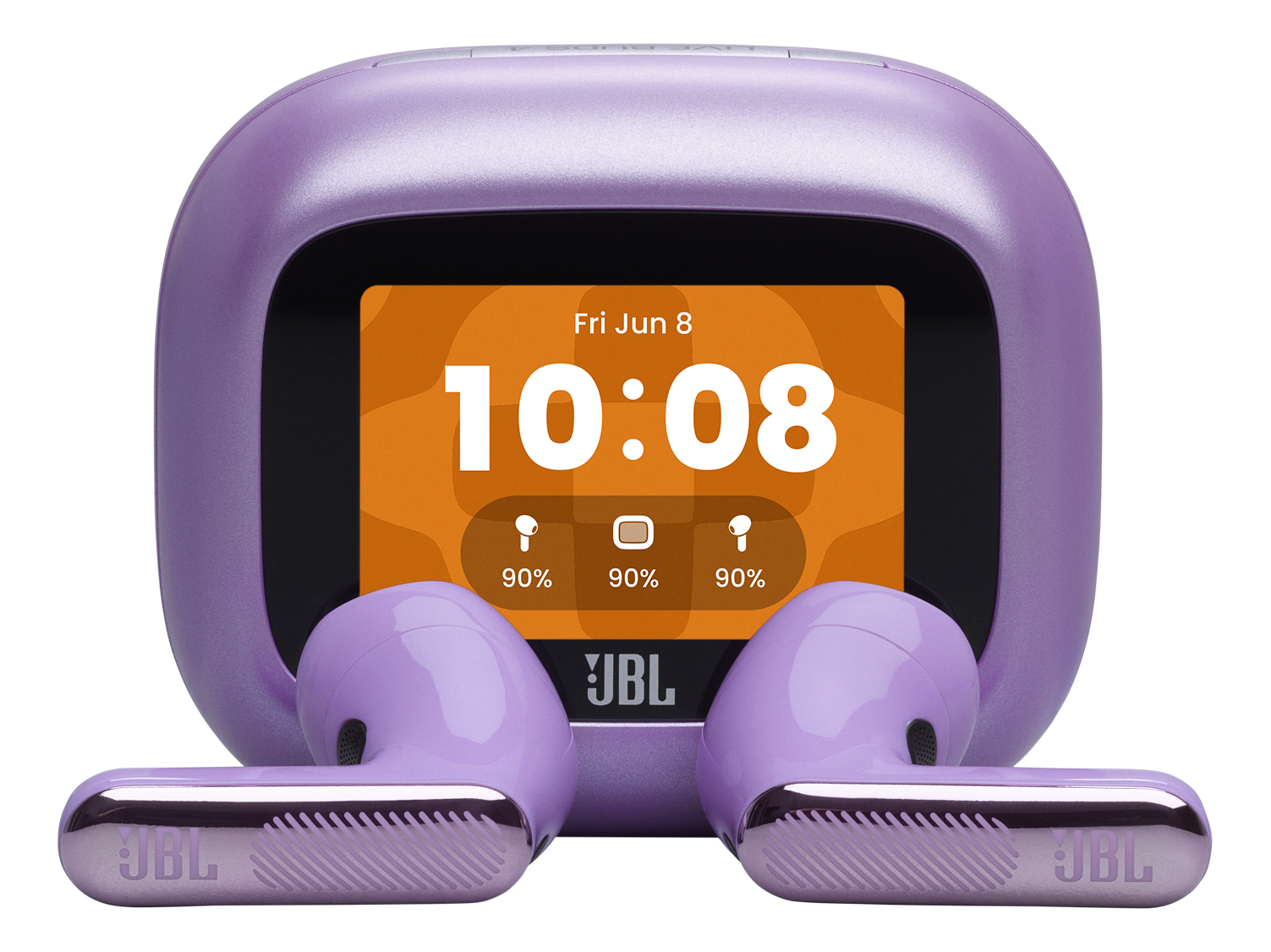 Lila JBL Kopfhörer und Ladecase mit einer digitalen Uhrzeit von 10:08.