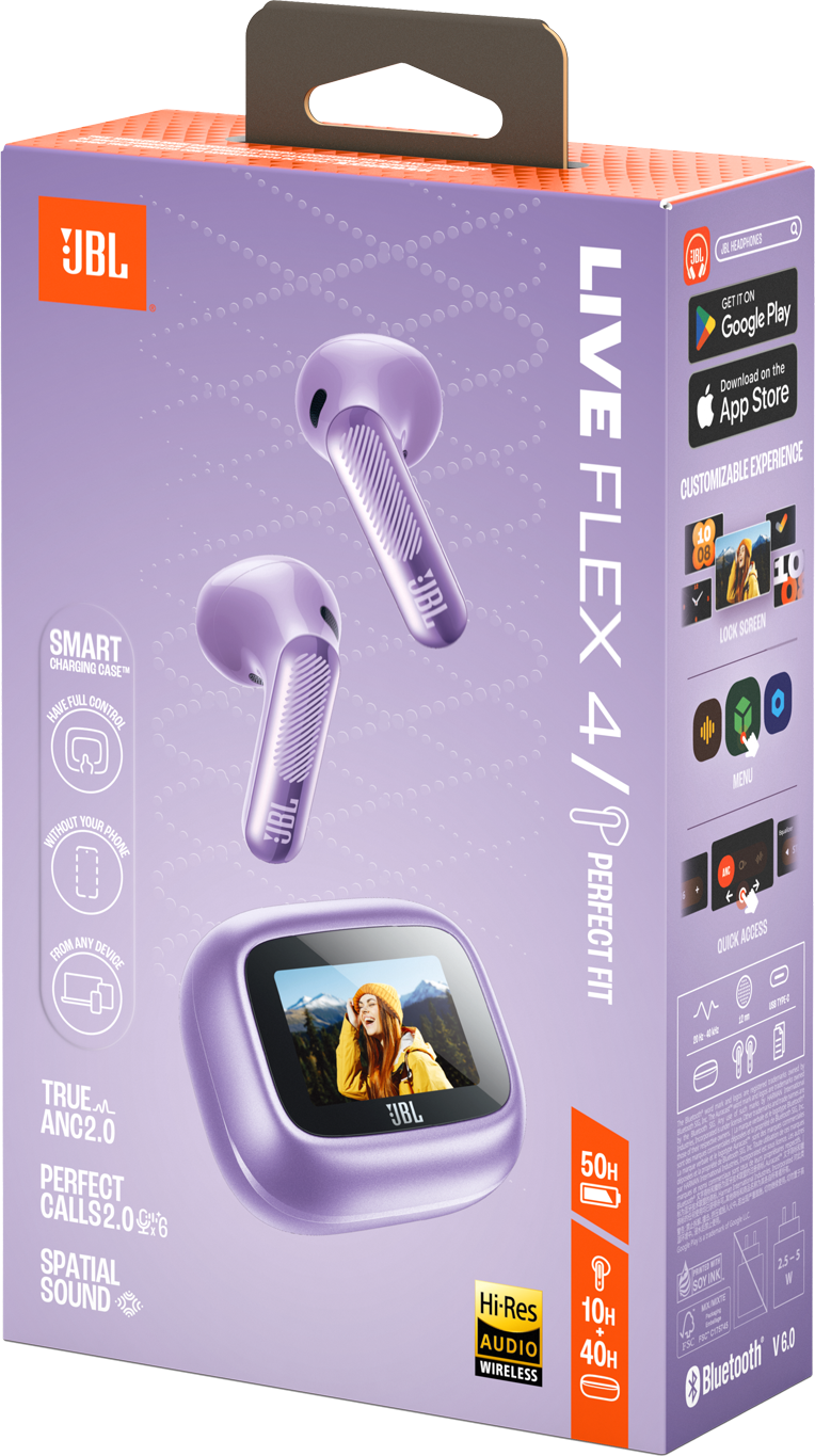 Lila JBL Live Flex 4 Ohrhörer-Verpackung mit Produktbild und Funktionen.