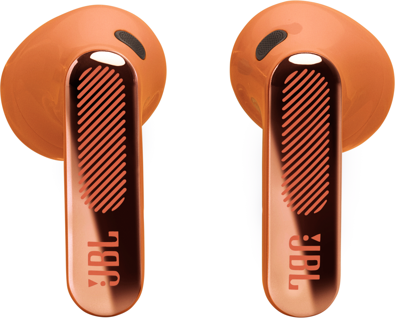 Zwei orangefarbene JBL-Kopfhörer mit schwarzem Hintergrund und Streifenmuster.