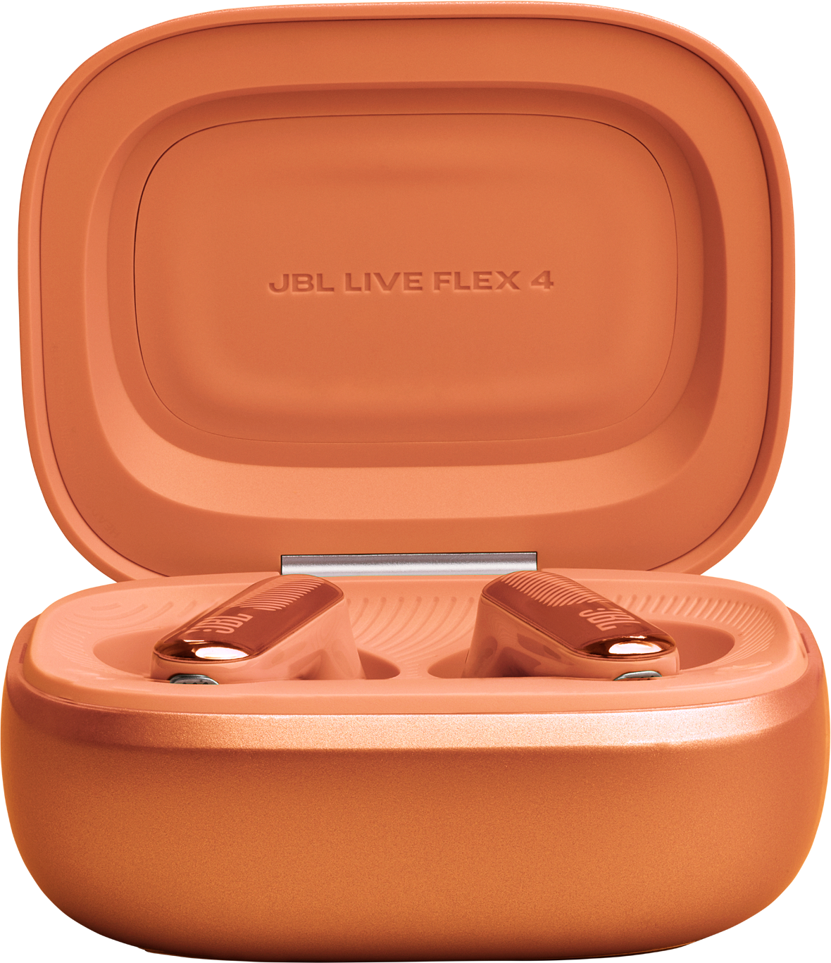 Orange Ladebox mit geöffnetem Deckel und zwei Ohrhörern mit JBL-Logo.