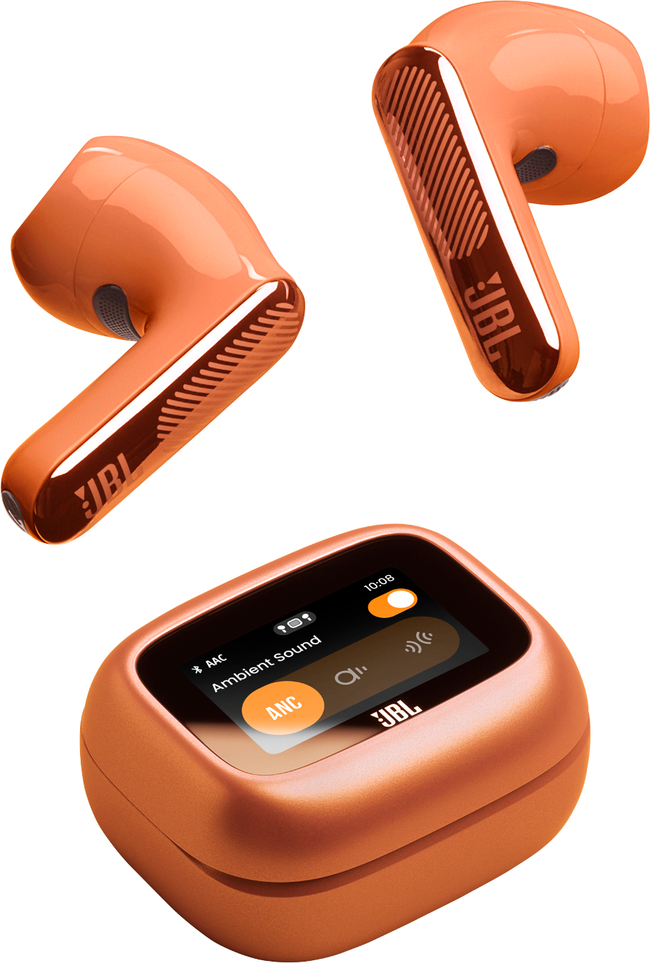 Orange JBL Kopfhörer und Ladecase mit Touchscreen.