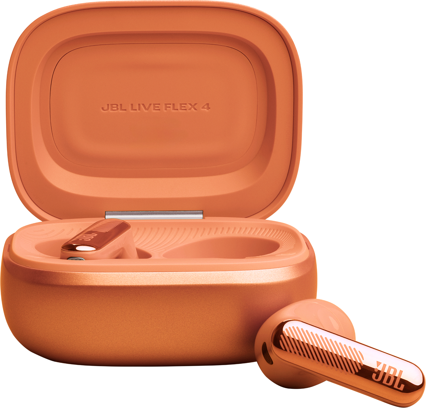 Orange JBL Live Flex 4 Ohrhörer mit Ladecase, eines liegt außerhalb.