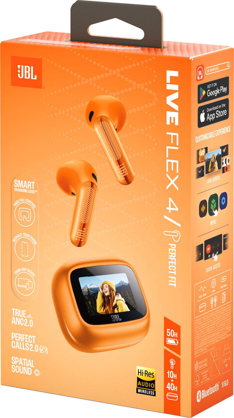 Orange JBL Live Flex 4 Kopfhörer-Verpackung mit Kopfhörern und Ladecase.