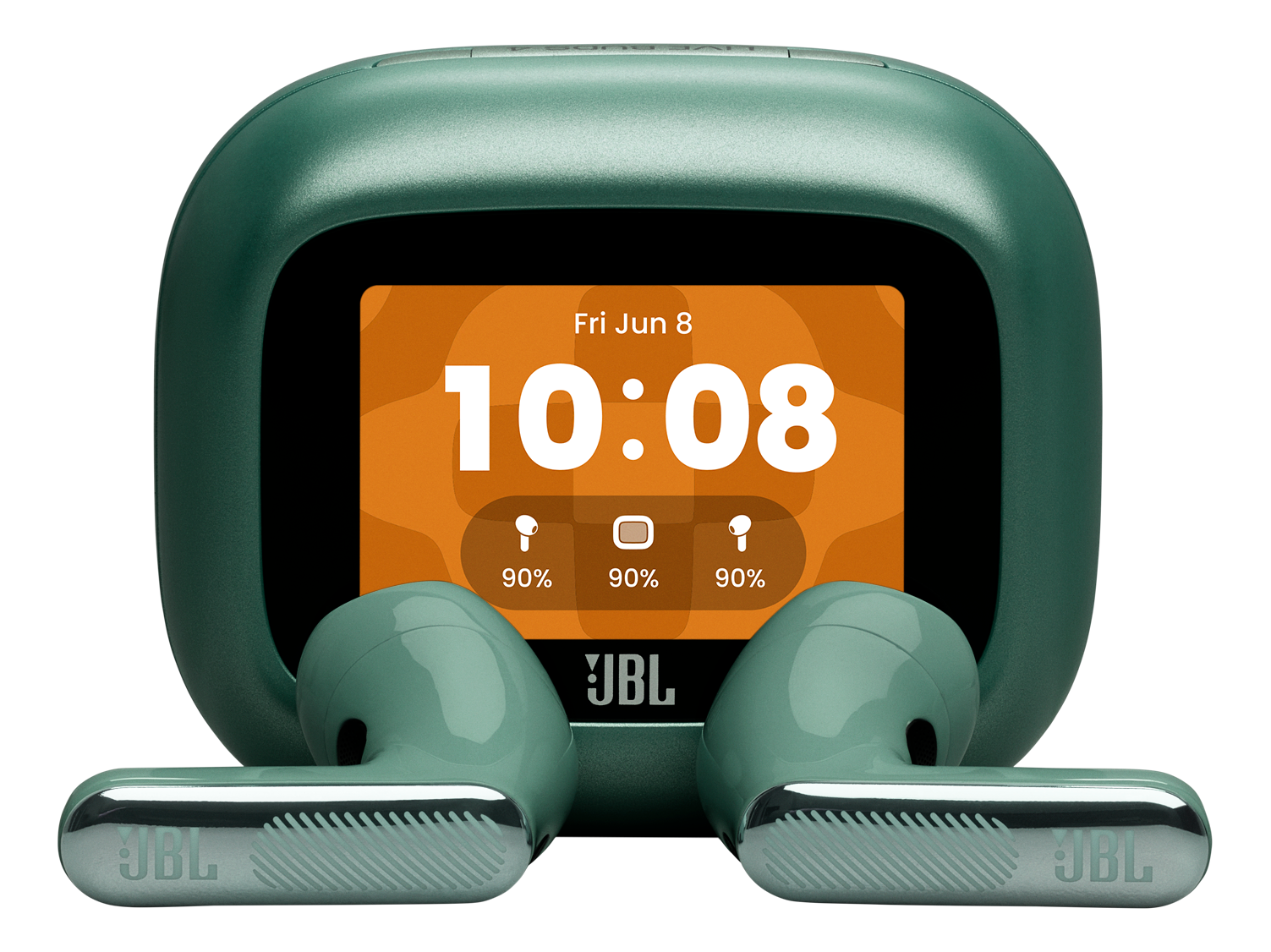 Grüne JBL Kopfhörer liegen vor einem Gehäuse mit Uhrzeit 10:08.