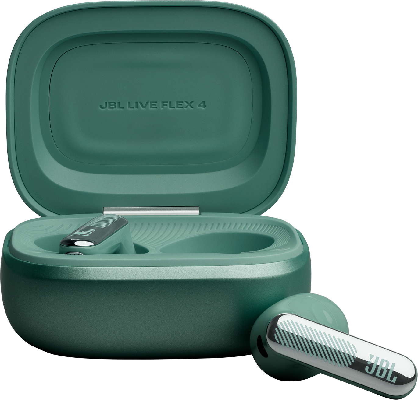 Grüne JBL Kopfhörer mit offenem Ladecase, mit JBL Logo.