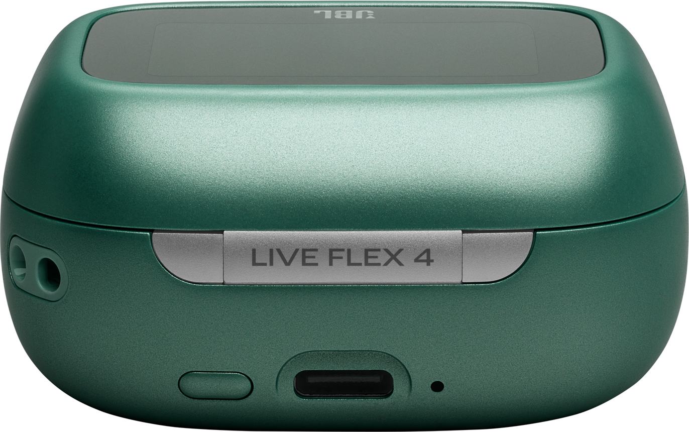 Grünes JBL Live Flex 4 Ladeetui mit USB-C-Anschluss und silbernem Schriftzug.