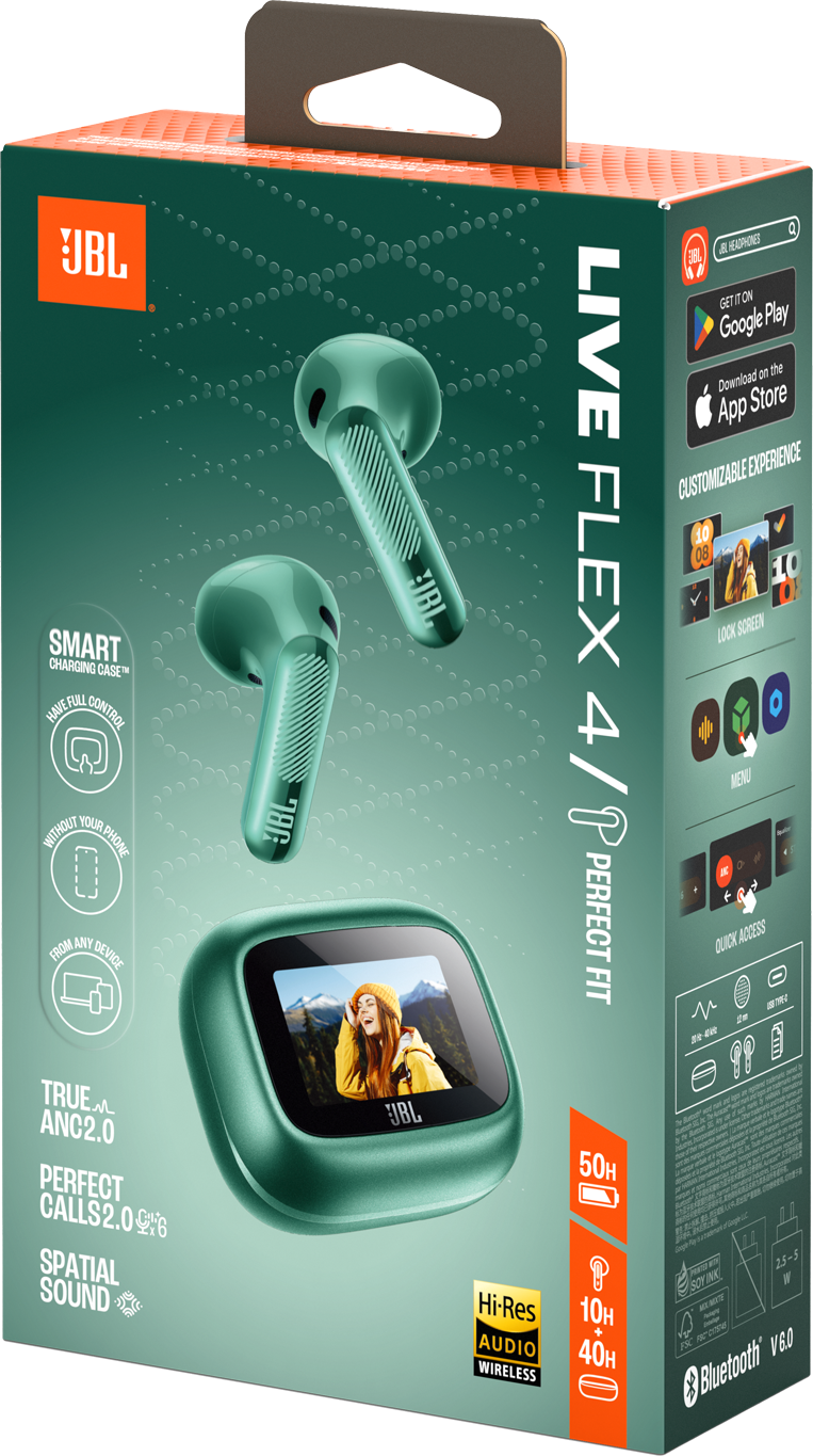 Verpackung der JBL Live Flex 4 kabellosen Kopfhörer mit einem Bild einer Frau und Produktmerkmalen.