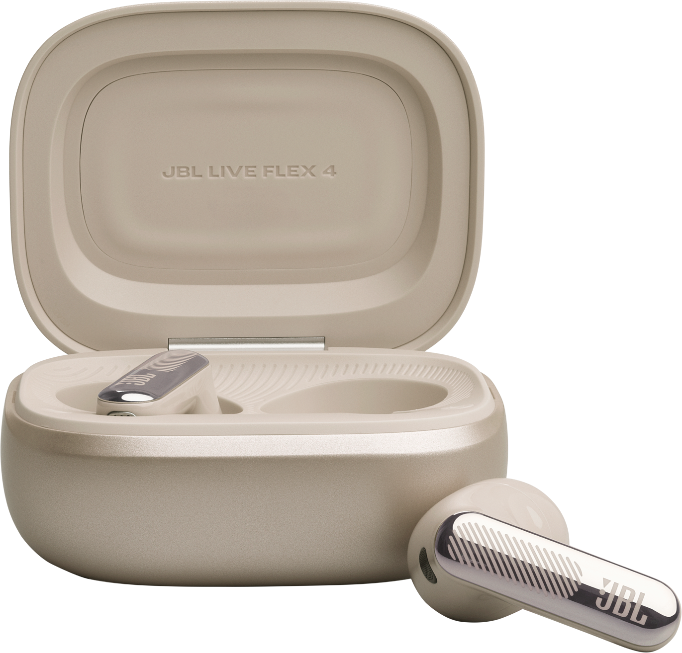 Beige JBL Live Flex 4 Ohrhörer mit offenem Ladecase und einem Ohrhörer daneben.