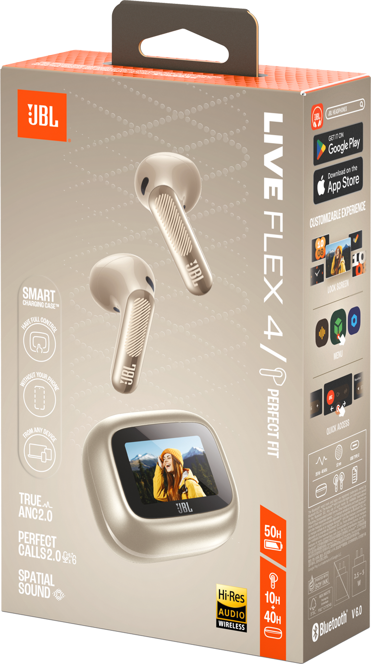 JBL Live Flex 4/P Kopfhörer-Verpackung mit Abbildungen der Ohrhörer und des Ladegehäuses.