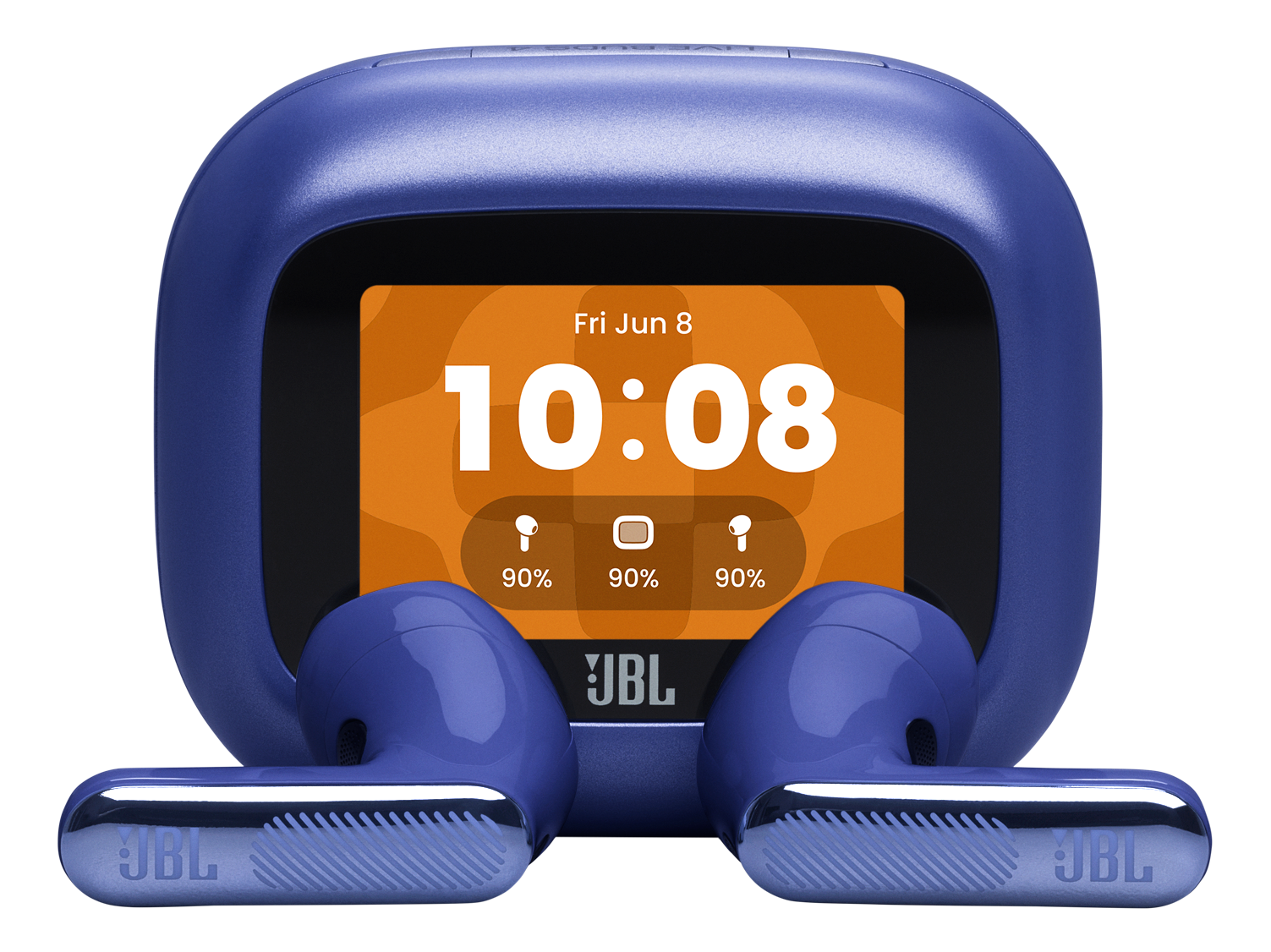 Ein blaues JBL-Wearable mit einem Touchscreen, der 10:08 Uhr anzeigt.