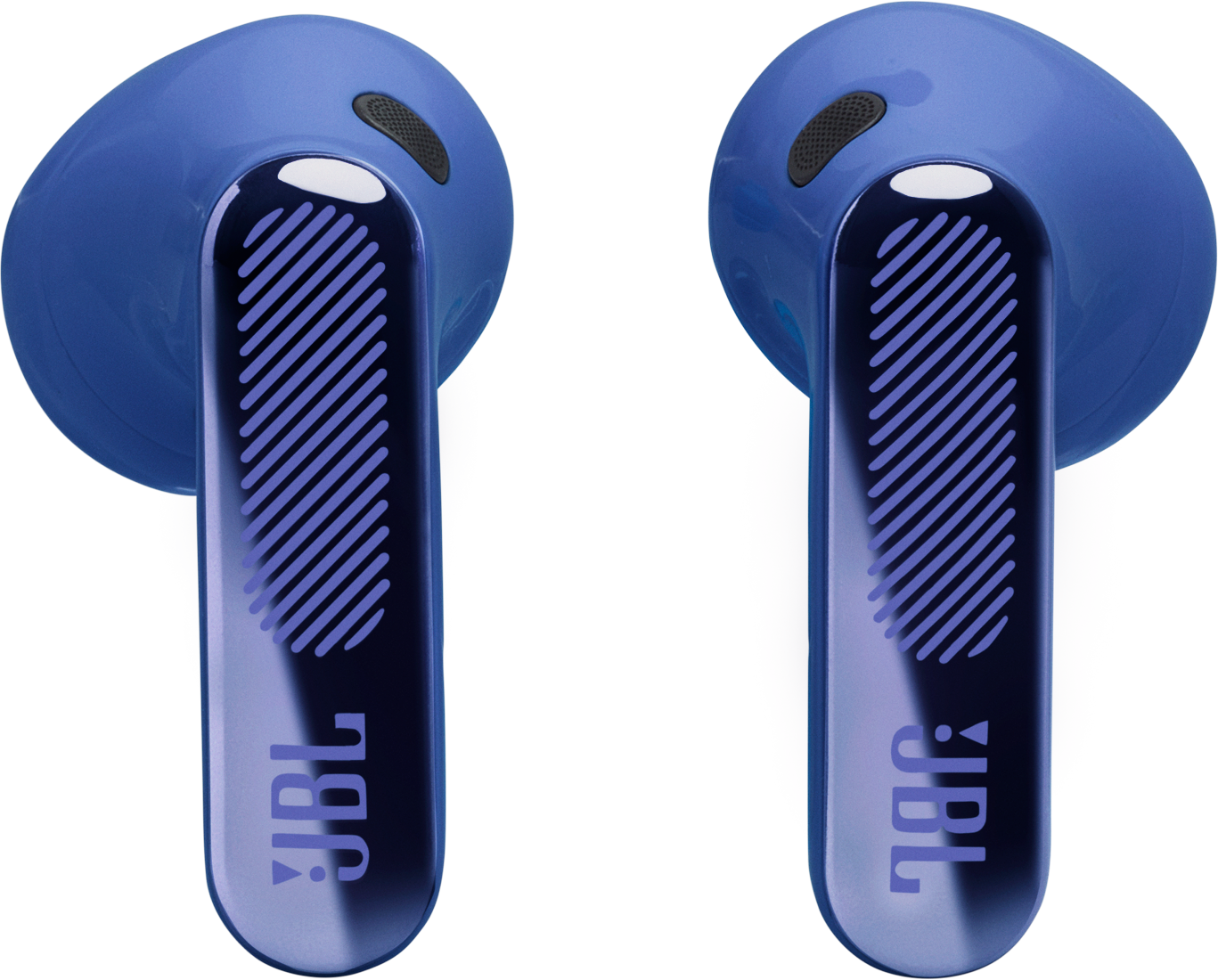 Zwei blaue JBL Kopfhörer mit Ladeanschluss und Rillenmuster.