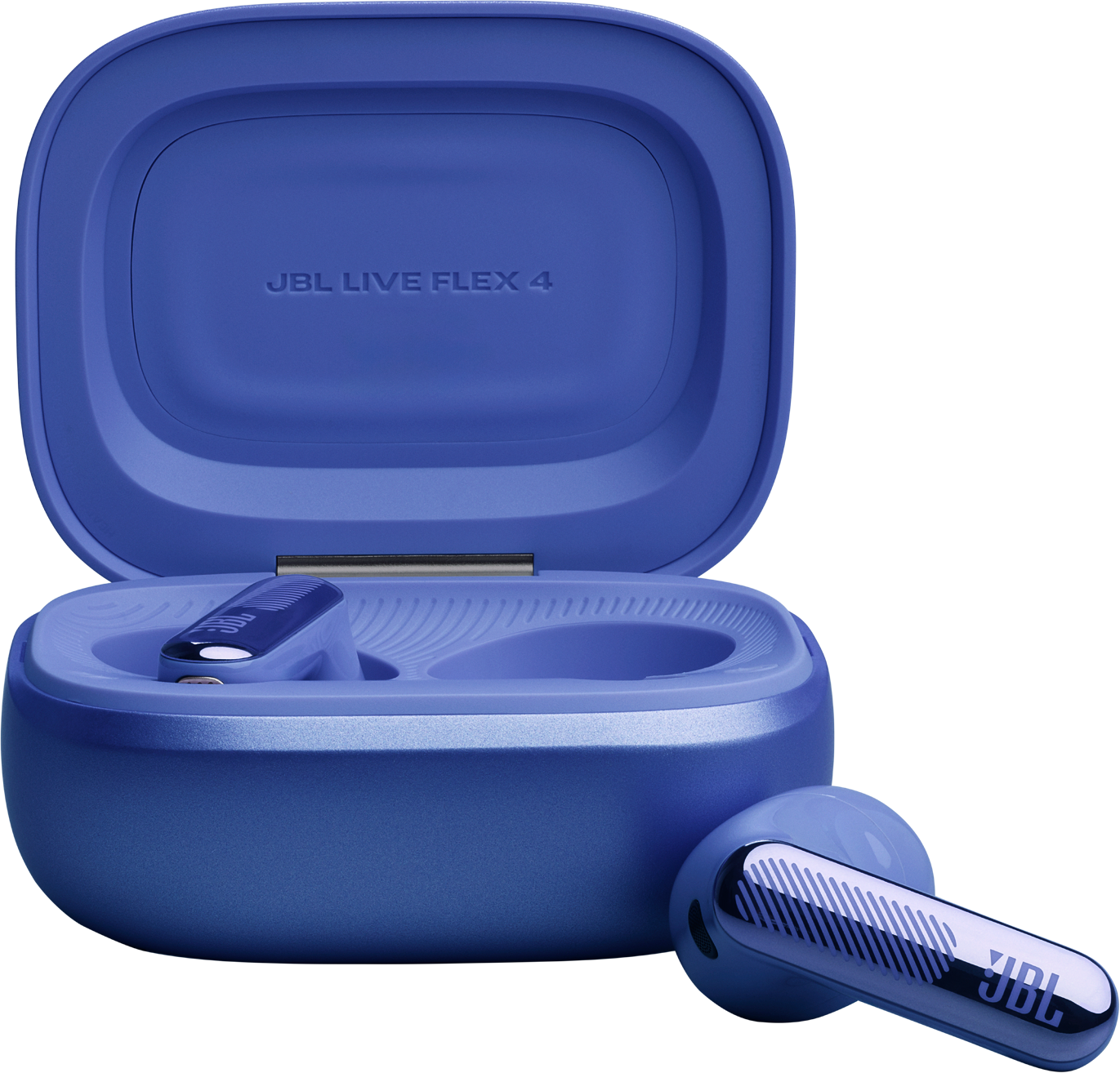 Blaue JBL Live Flex 4 Kopfhörer mit offenem Ladecase und einem Hörer daneben.