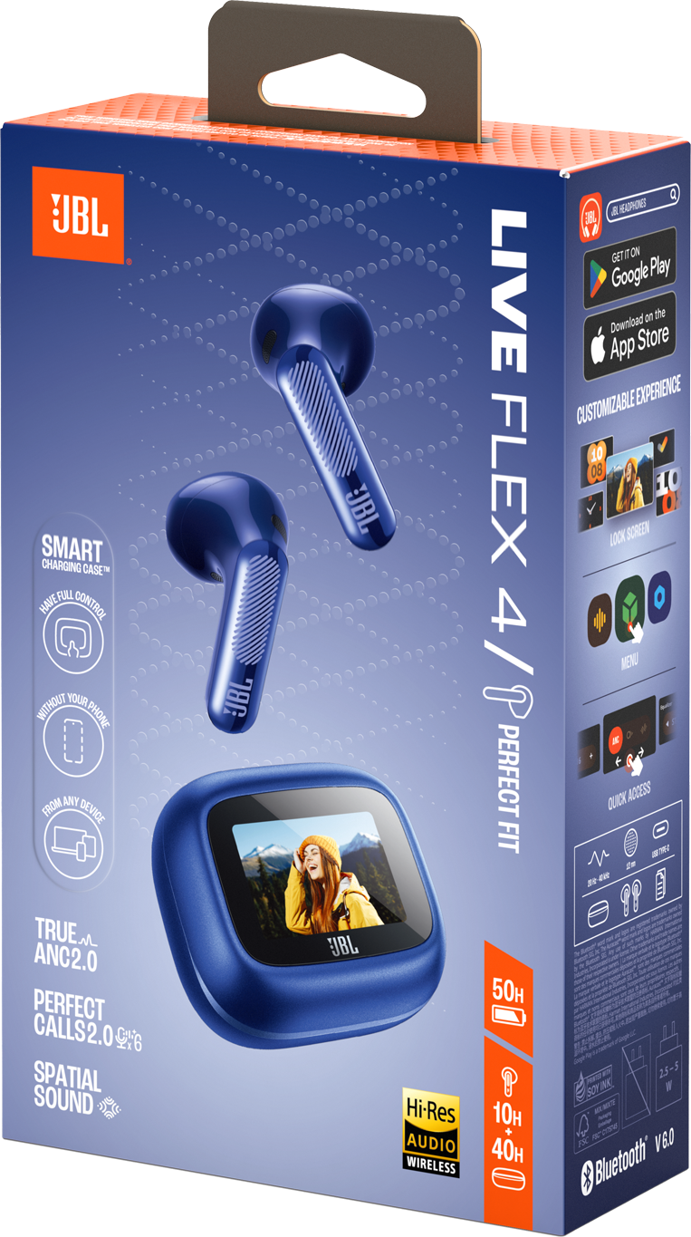 JBL LIVE FLEX 4 im blauen Karton mit Kopfhörern und Ladecase.