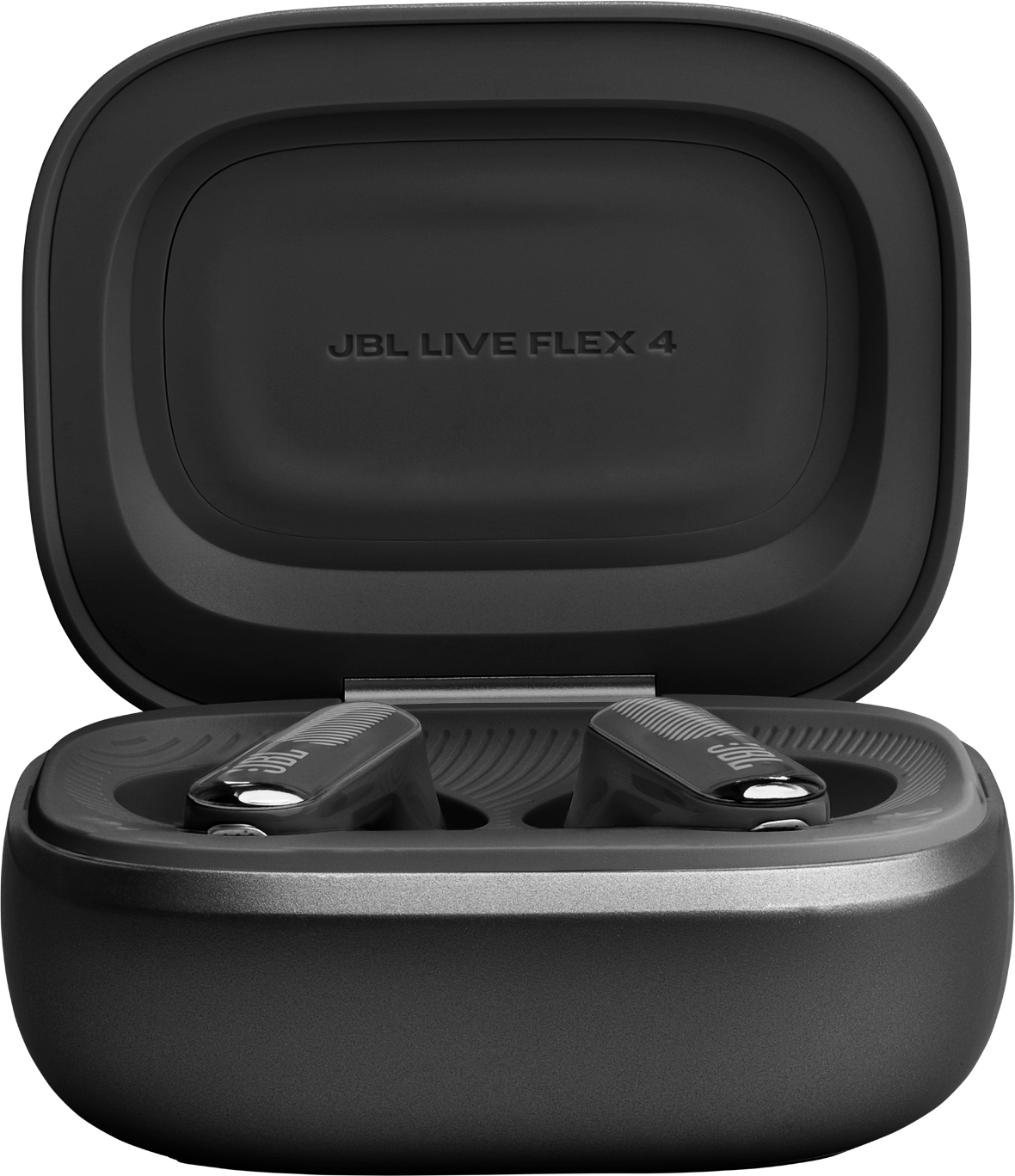 Ein schwarzes JBL Live Flex 4 Ladecase mit zwei Ohrhörern.