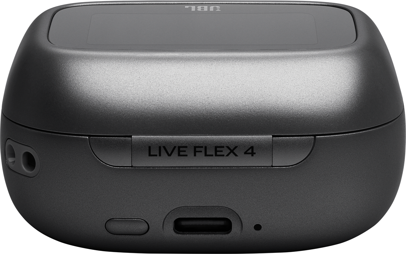 Graues Ladeetui für kabellose Ohrhörer mit JBL-Logo und "LIVE FLEX 4"-Schriftzug.