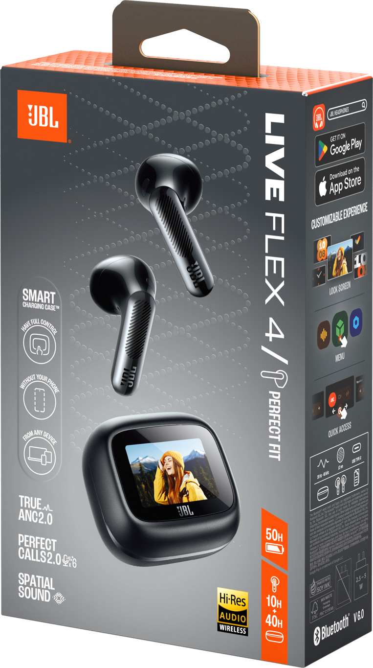 JBL Live Flex 4/P Kopfhörer-Verpackung mit Bild von Kopfhörern und Ladecase.