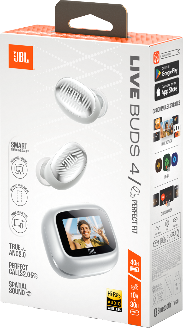 JBL Live Buds 4 Kopfhörer-Verpackung mit weißen Ohrhörern und Ladecase.