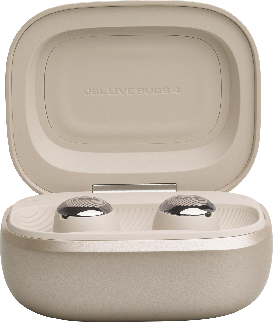 Beige Kopfhörer mit Ladecase, auf dem 'JBL LIVE BUDS 4' steht.