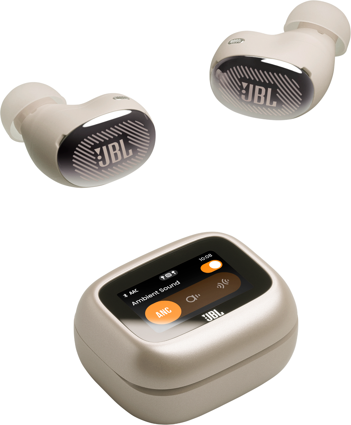 Drei beige JBL-Ohrhörer und Ladehülle mit beleuchtetem JBL-Logo und Bildschirm.