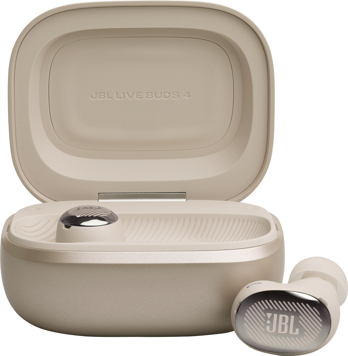 JBL Live Buds 4 Ladecase offen, mit einem Ohrhörer außerhalb. Beige Farbe.
