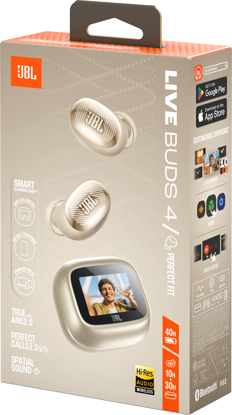 JBL Live Buds 4 Box mit Ohrhörern, Ladehülle und App-Infos.