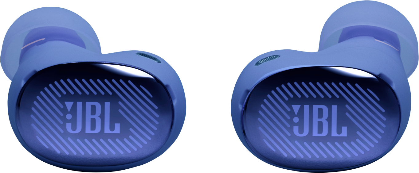 Zwei blaue JBL-Kopfhörer mit glänzender Oberfläche und JBL-Logo.