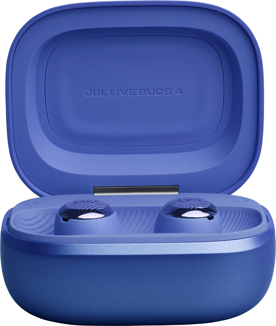 Blaue JBL LIVE BUDS 4 Kopfhörer im geöffneten Ladecase.