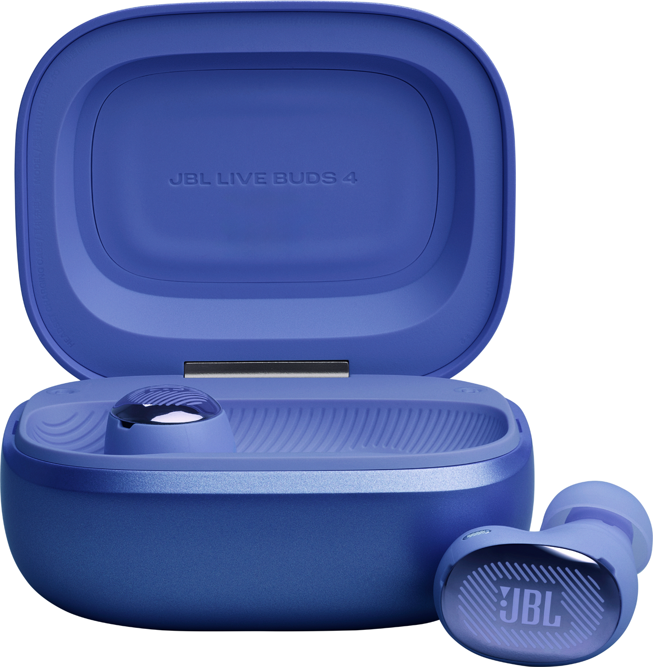 Blaue JBL Live Buds 4 Kopfhörer und Ladecase, eines liegt daneben.