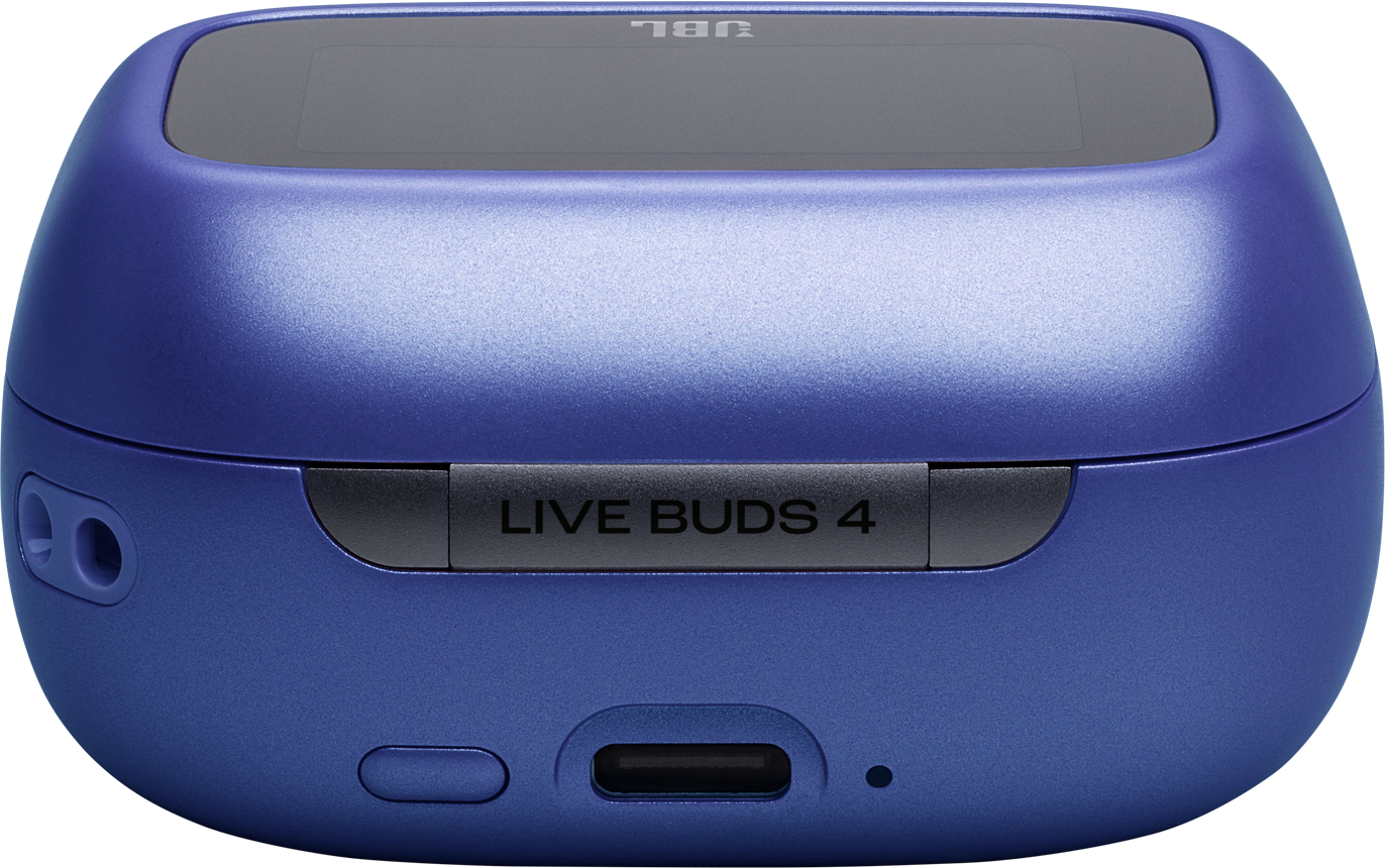 Blaues Ladecase für Kopfhörer mit "LIVE BUDS 4" Aufschrift.